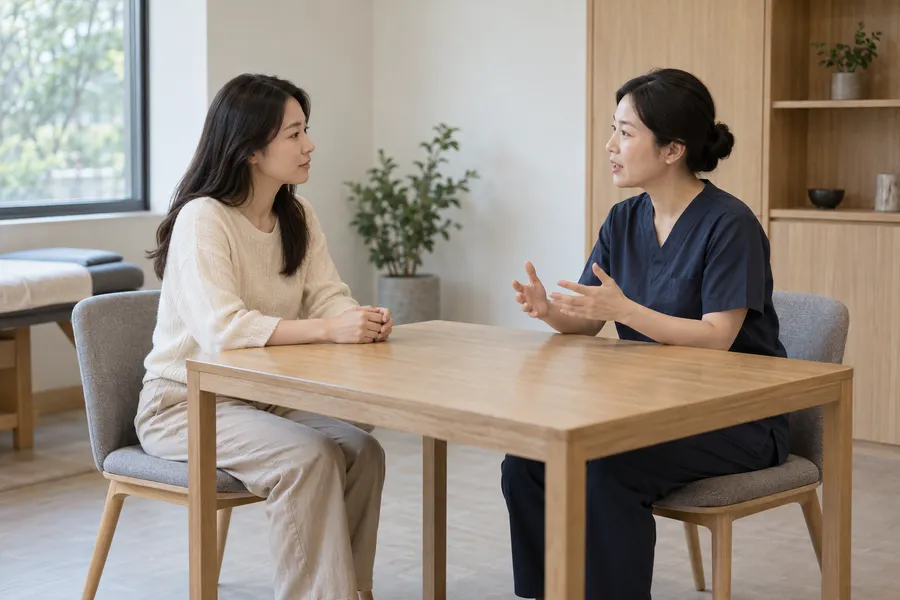 30대 여성이 상담자와 테이블에 마주 앉아 생활 습관을 이야기하는 모습