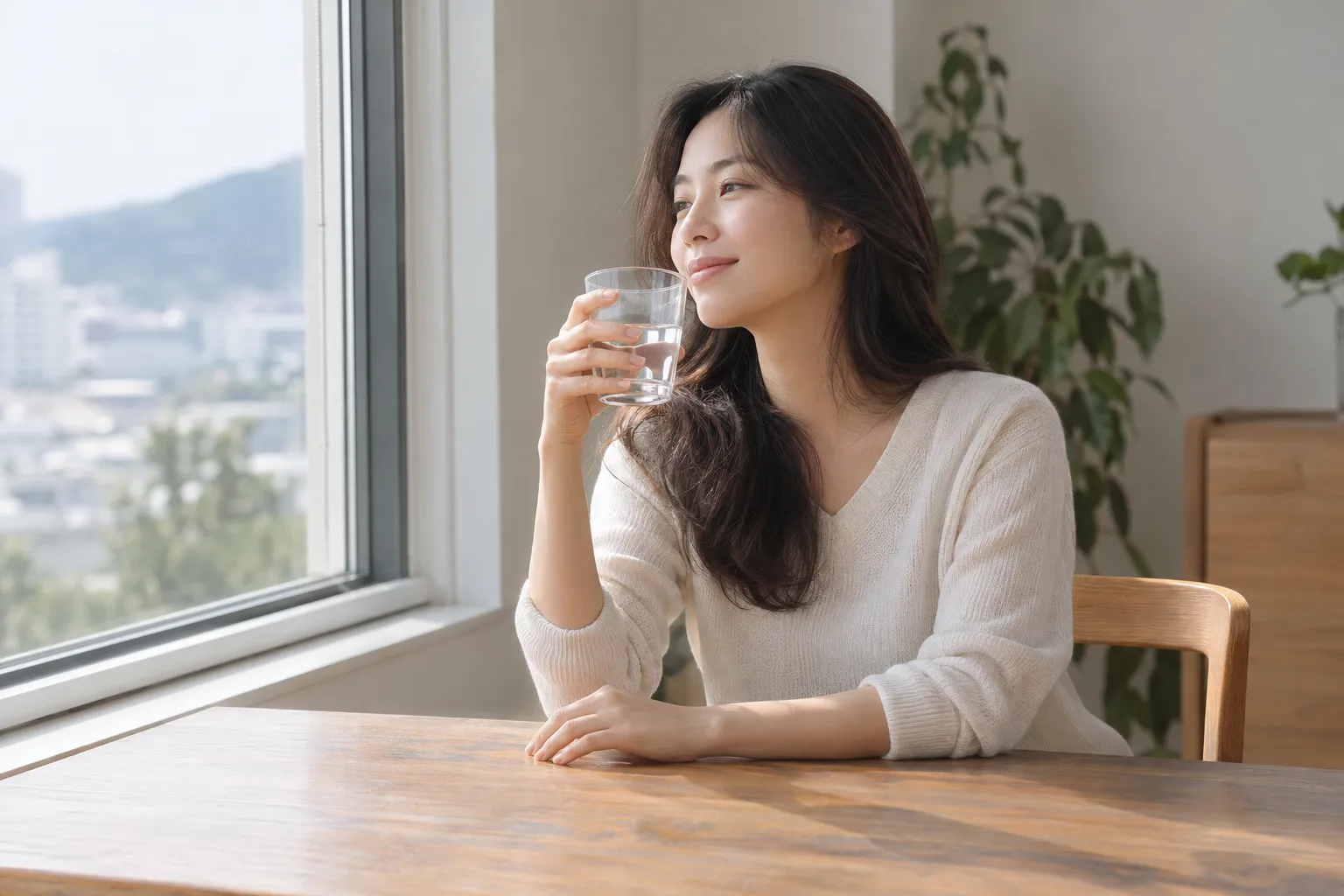 아침 햇살이 드는 창가에서 물을 마시는 여성