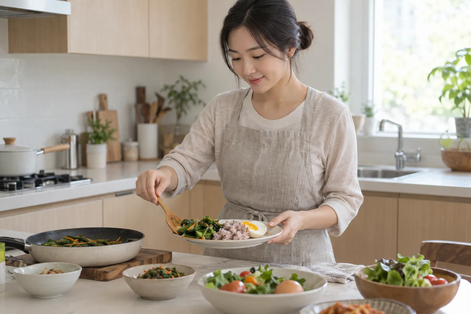 집 주방에서 채소와 달걀, 밥으로 한 끼를 담는 여성