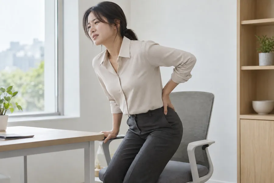 사무실 의자에서 허리를 짚으며 천천히 일어나는 직장인
