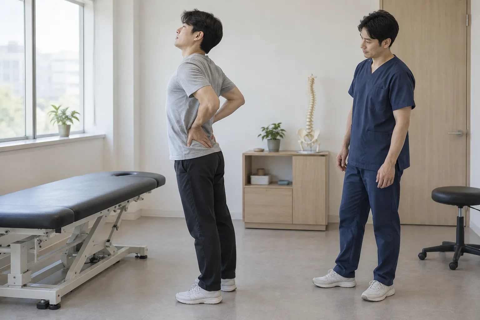 치료실에서 상담자가 서 있는 남성의 허리 움직임을 살펴보는 모습