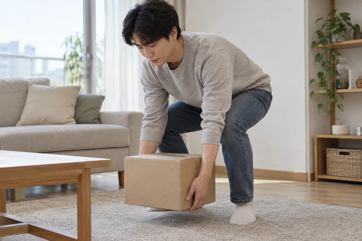 무릎을 굽히고 상자를 몸 가까이 붙여 드는 바른 자세