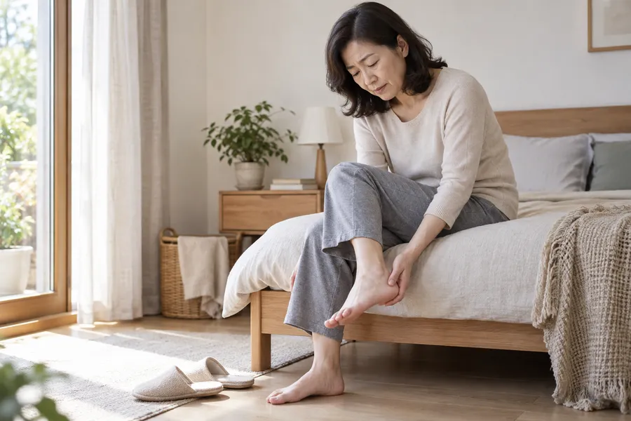 아침에 침대 끝에 앉아 발뒤꿈치를 감싸 쥔 중년 여성