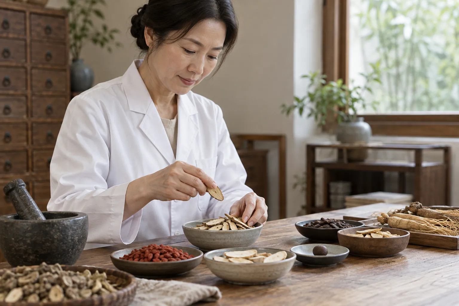 여러 약재를 접시에 나눠 담아 살펴보는 모습