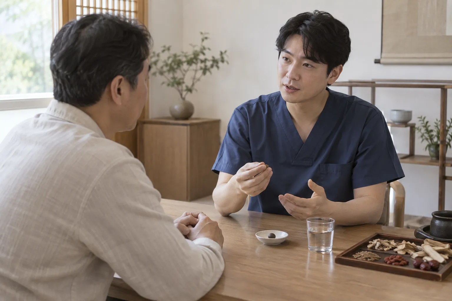테이블에 마주 앉아 한약 선택을 상담하는 모습